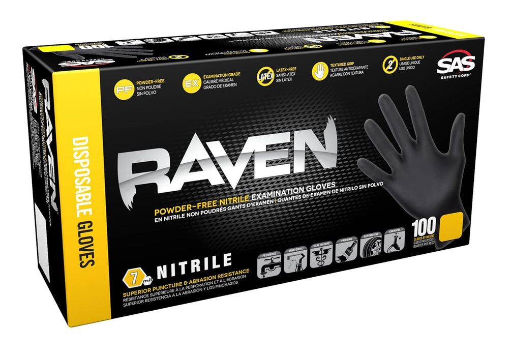 RAVEN Nitrile Exam Grade Disposable Gloves, Black, 7 mil, 100 Gloves per Box