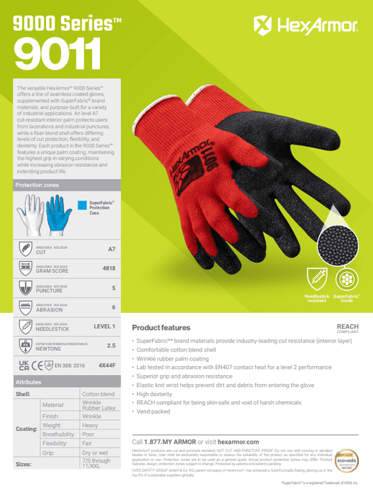 Hexarmor 9011 SuperFabric Cut Resistant Gloves with Wrinkle Rubber Palm Coating, Large - BHP Safety Products