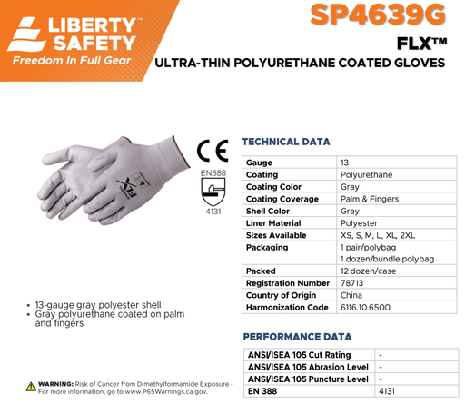 Liberty FLX (Formerly P-Grip) PU Palm Coated Glove, Gray, SP4639G - BHP Safety Products