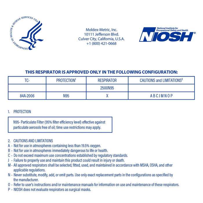Moldex 2500N95 Disposable Particulate Respirator Plus Nuisance Acid Gases with Valve, Medium/Large, NIOSH Approved - BHP Safety Products