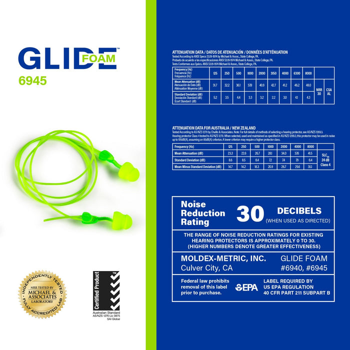 Moldex Glide Corded Foam Twist and Push - In Earplug 6945, NRR 30dB (Box of 100 - Pairs) - BHP Safety Products