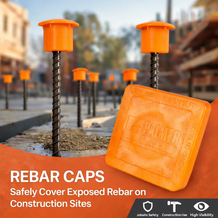PALMER Premium REBAR CAPS; OSHA Approved; 100pcs Construction Rebar Safety Caps; Fits Rebars 3 - 8 - BHP Safety Products