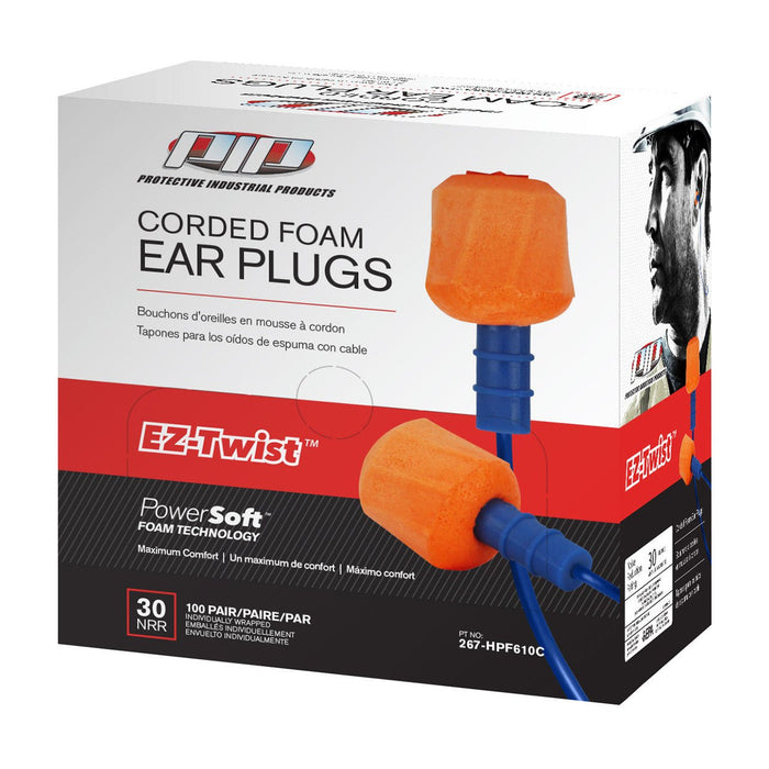 PIP EZ - Twist Disposable Soft Polyurethane Foam Corded Ear Plugs, NRR 30, Box of 100 - BHP Safety Products