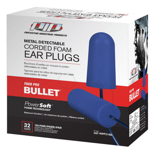 PIP Food Pro Bullet Metal Detectable PU Foam Corded Ear Plugs, 32 NRR, 267 - HPF210D - BHP Safety Products