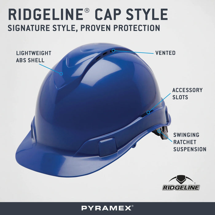 Pyramex Ridgeline Cap Style Hard Hat, 4 - Point Ratchet Suspension, Vented - BHP Safety Products