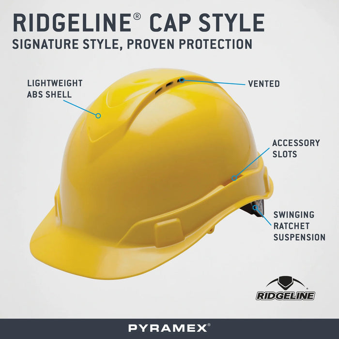 Pyramex Ridgeline Cap Style Hard Hat, 4 - Point Ratchet Suspension, Vented - BHP Safety Products