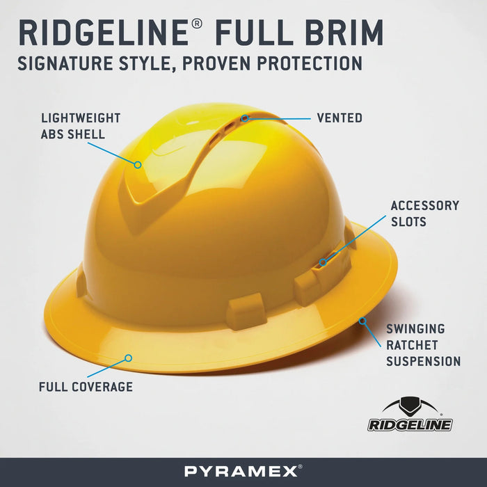 Pyramex Ridgeline Full Brim, Vented, 4 - Point Ratchet Suspension Hard Hat - BHP Safety Products