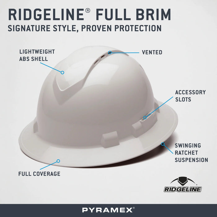 Pyramex Ridgeline Full Brim, Vented, 4 - Point Ratchet Suspension Hard Hat - BHP Safety Products