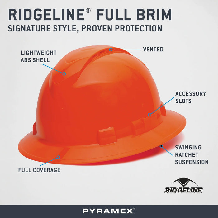 Pyramex Ridgeline Full Brim, Vented, 4 - Point Ratchet Suspension Hard Hat - BHP Safety Products