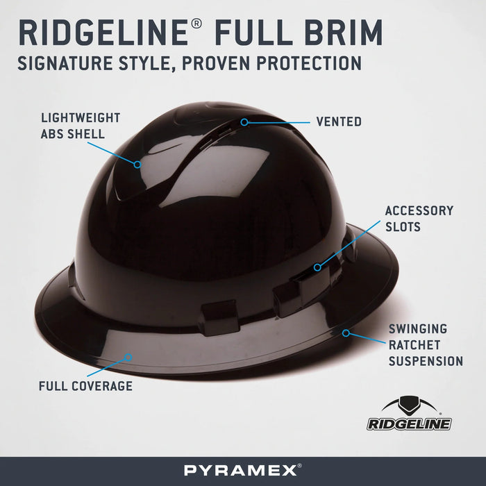 Pyramex Ridgeline Full Brim, Vented, 4 - Point Ratchet Suspension Hard Hat - BHP Safety Products