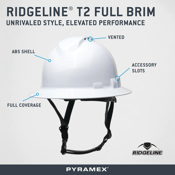 Pyramex Ridgeline® T2 Full Brim Hard Hat (Vented & Non - Vented) w/o Mips® - BHP Safety Products