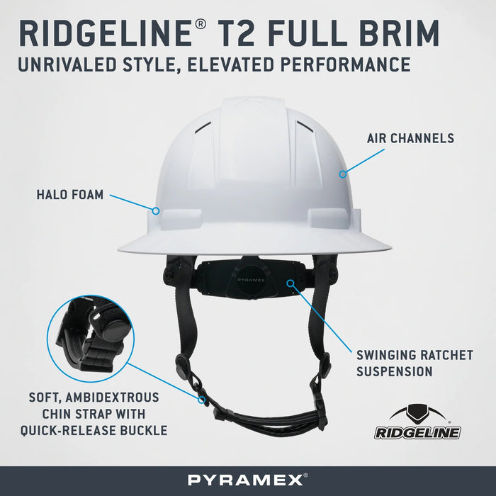 Pyramex Ridgeline® T2 Full Brim Hard Hat (Vented & Non - Vented) w/o Mips® - BHP Safety Products
