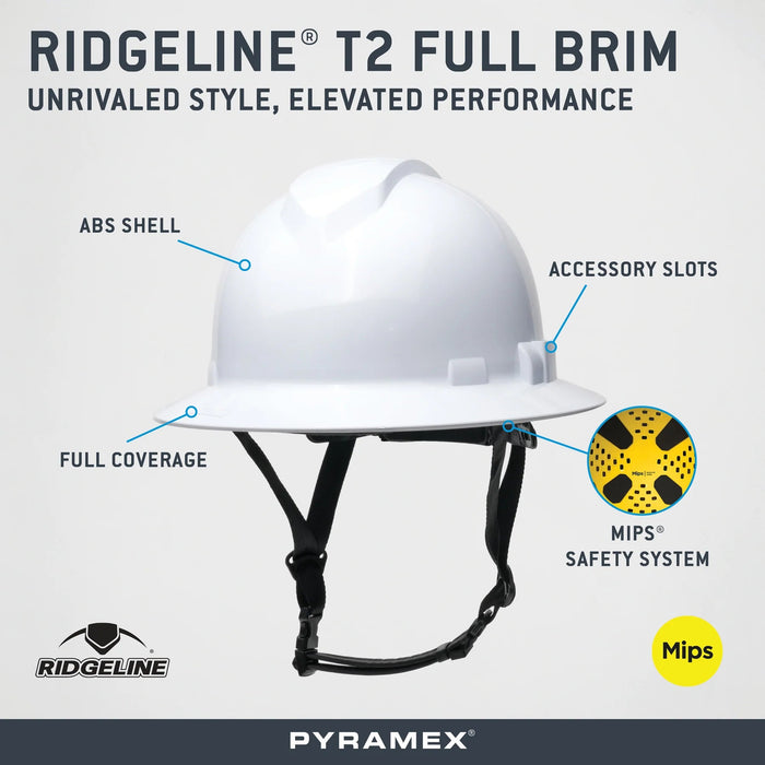 Pyramex Ridgeline® T2 Full Brim Hard Hat, White (Vented & Non - Vented) with Mips® - BHP Safety Products