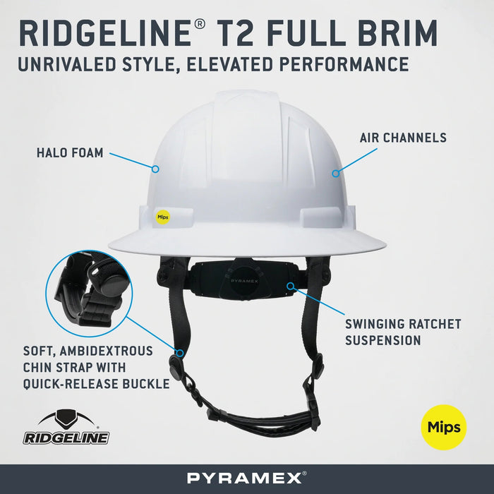 Pyramex Ridgeline® T2 Full Brim Hard Hat, White (Vented & Non - Vented) with Mips® - BHP Safety Products
