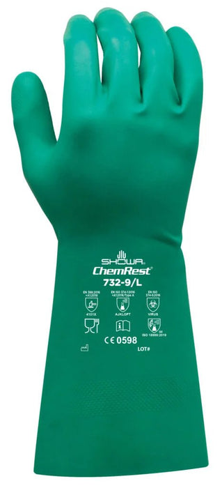 SHOWA 732 Nitrile Chemical Resistant Safety Glove, Raised Diamond Palm, Cotton Lining, 15 mil Thick, 13" Long, Green (12 - Pair) - BHP Safety Products