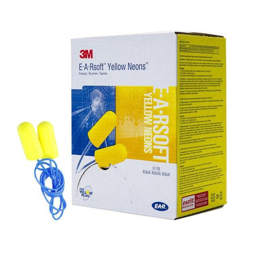 3M E-A-Rsoft Yellow Neons with Cord, 311-1250, Poly Bag, Regular Size, 200 Pair/Box - BHP Safety Products