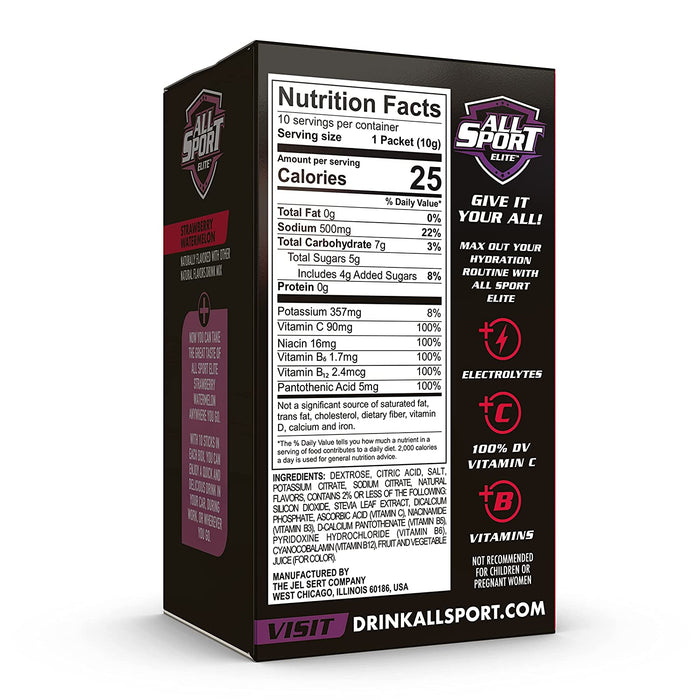 All Sport ELITE Powder Hydration Sticks, Performance Electrolyte Drink Mix, Includes 100% Daily Value Vitamin C, 10 Sticks per Box