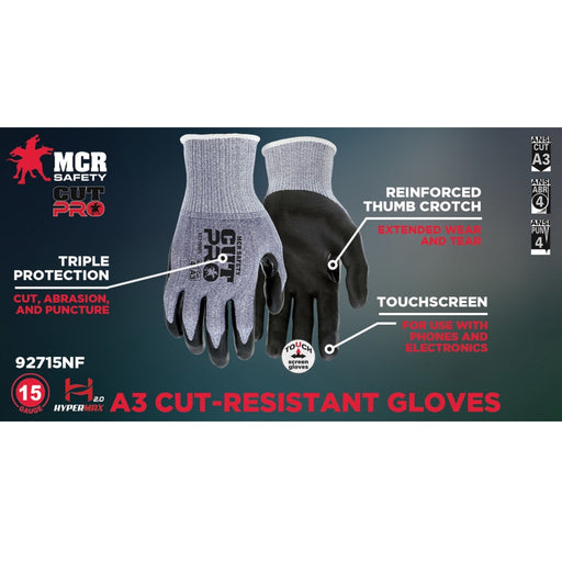 ANSI A3 Cut Pro / Cut Resistant Gloves, 15 Gauge Hypermax Shell, Cut, Abrasion and Puncture Resistant Work Gloves with Nitrile Foam Coated Palm and Fingertips, 92715NF - BHP Safety Products