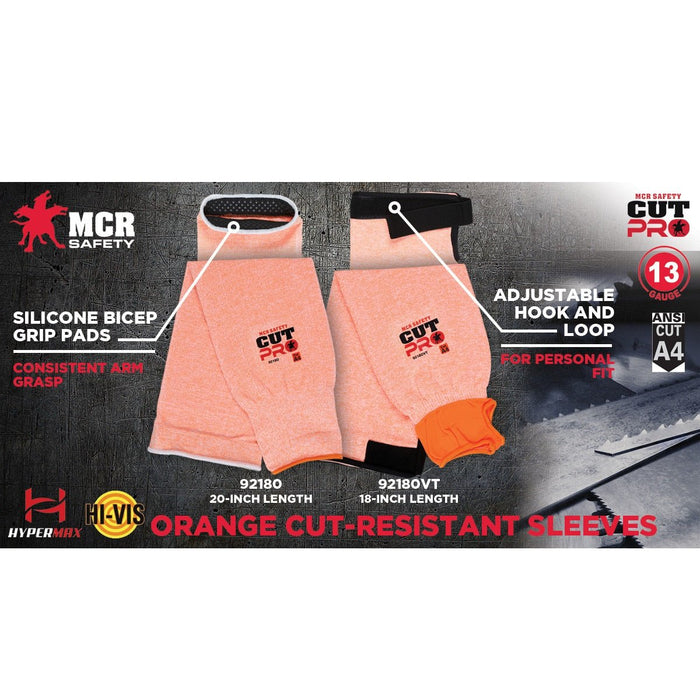ANSI A4 Cut Resistant 18 Inch Sleeve with Thumbhole, 13 Guage Hypermax Fiber, Adjustable Hook and Loop Bicep, Hi-Vis Orange, 9218OVT - BHP Safety Products