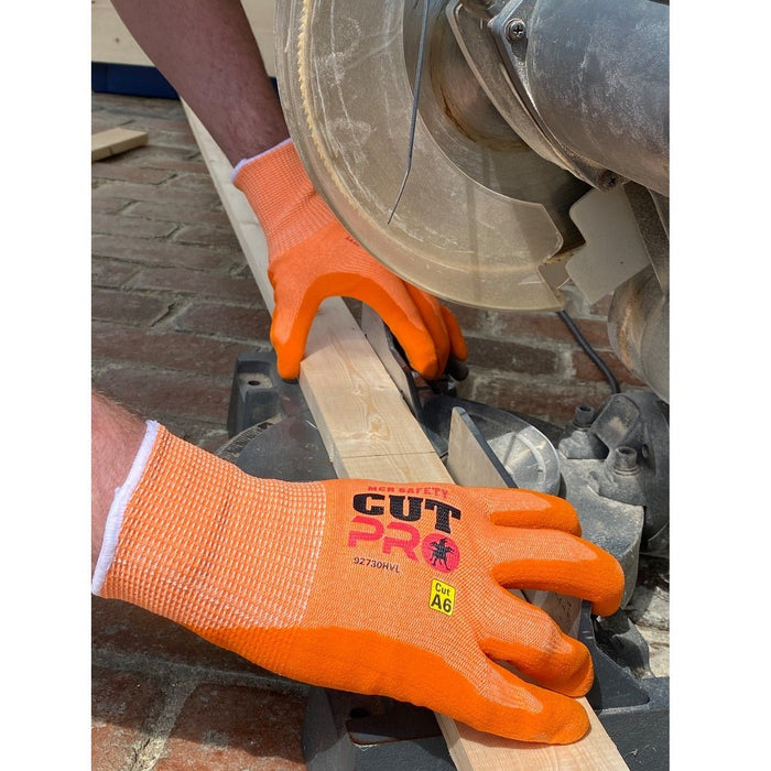 ANSI A6 Cut Pro / Cut Resistant Gloves, 13 Gauge Hypermax Shell, Sandy Foam Nitrile Coated Palm Dip, Hi-Vis Orange - BHP Safety Products