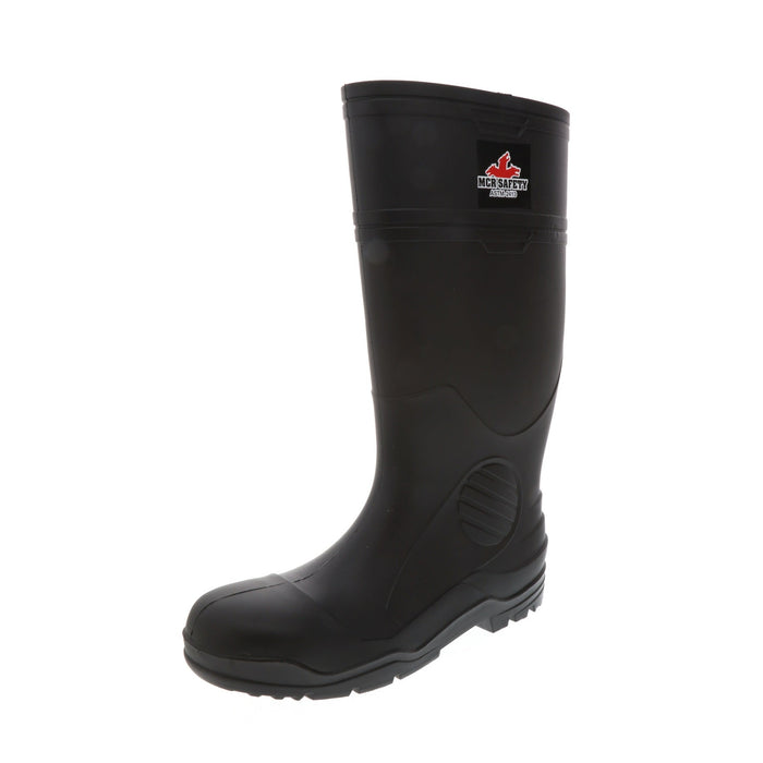 Black 16 Inch Waterproof PVC Work Boots with Steel Toe, Cleated Sole and Polyester Interior Lining - Over the Sock Style, VBS120 - BHP Safety Products