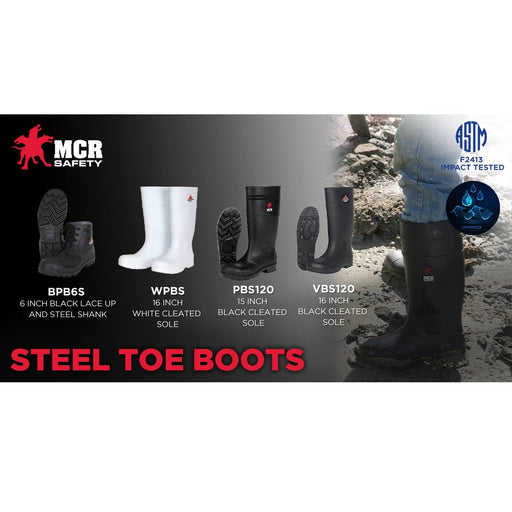 Black 16 Inch Waterproof PVC Work Boots with Steel Toe, Cleated Sole and Polyester Interior Lining - Over the Sock Style, VBS120 - BHP Safety Products