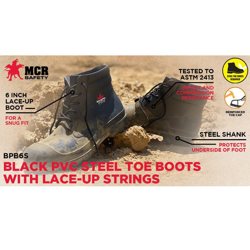 Black 6 Inch PVC Work Boots with Lace-Up Strings, Steel Toe and Steel Shank - Cleated Sole, BPB6S - BHP Safety Products