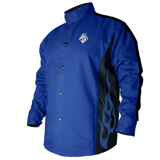 Black Stallion BSX Contoured FR Cotton Welding Jacket, Royal Blue with Blue Flames, BXRB9C - BHP Safety Products