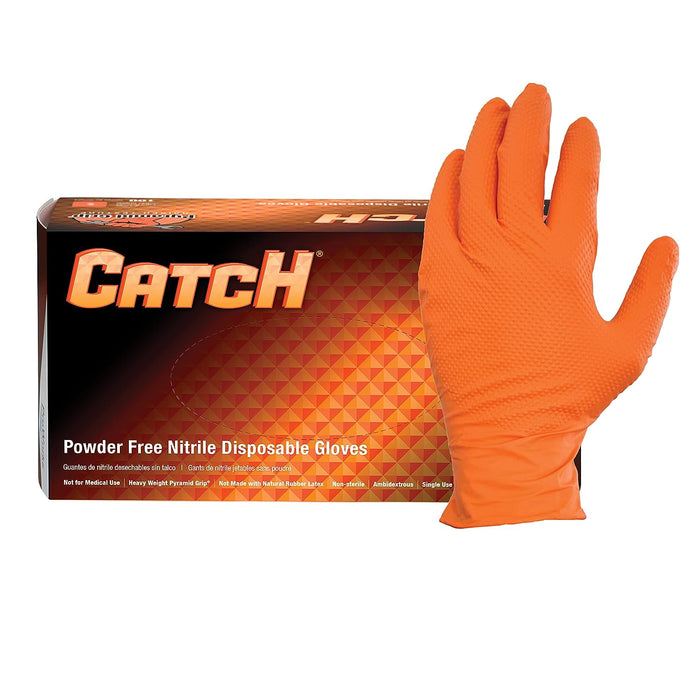 CATCH Nitrile Disposable Gloves with Pyramid Grip Texture, Industrial, Powder-Free, Orange, 9 mil (Box of 100) - BHP Safety Products