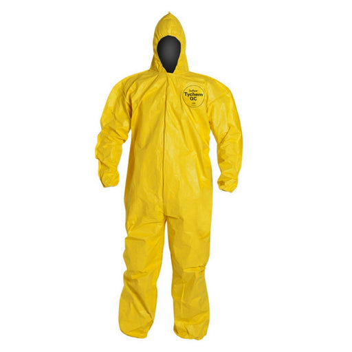 DuPont QC127S Tychem Coverall, Standard Fit Hood, Elastic Wrists and Ankles, Serged Seams, Yellow - BHP Safety Products