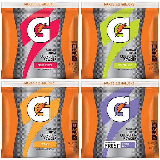 Gatorade 2.5 Gallon Variety Case 09344 - 4 Flavors (Lemon-Lime, Orange, Fruit Punch, Riptide Rush) 8 Packs/Flavor (32 Packs Total) Case Yields 80 Gallons - BHP Safety Products