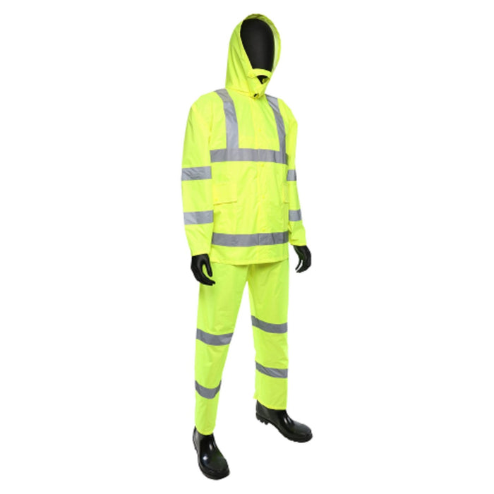 Hi-Vis Rainsuit Lime Green 3 PC, ANSI Class 3, Jacket with removable Hood and Overalls - BHP Safety Products
