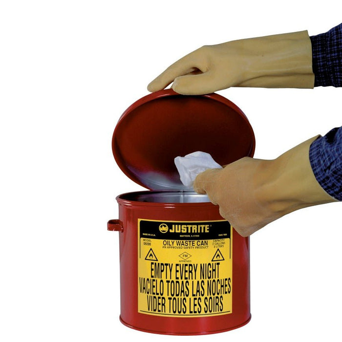 Justrite 09200 Oily Waste Countertop Can (Accepts Small Wipes and Swabs), 2 gallon, Red - BHP Safety Products