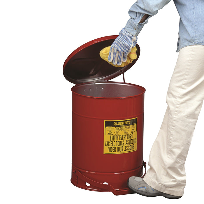 Justrite 09300 Oily Waste Can, 10 gallon, Foot-Operated Self-Closing Cover, Red - BHP Safety Products