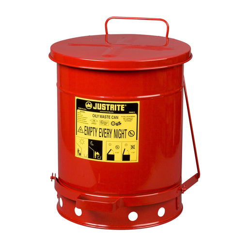 Justrite 09300 Oily Waste Can, 10 gallon, Foot-Operated Self-Closing Cover, Red - BHP Safety Products