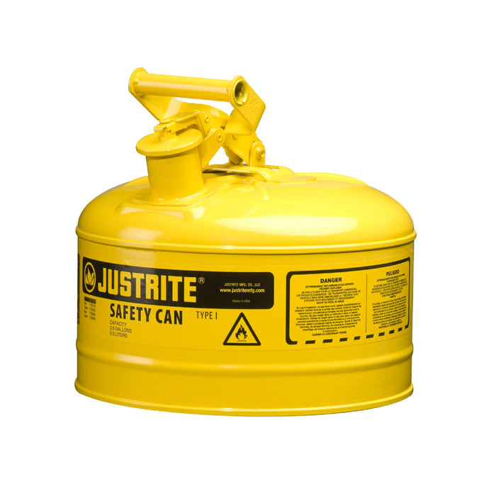 Justrite 7125200 Type I Steel Safety Can for Diesel, 2.5 Gallon, Yellow - BHP Safety Products