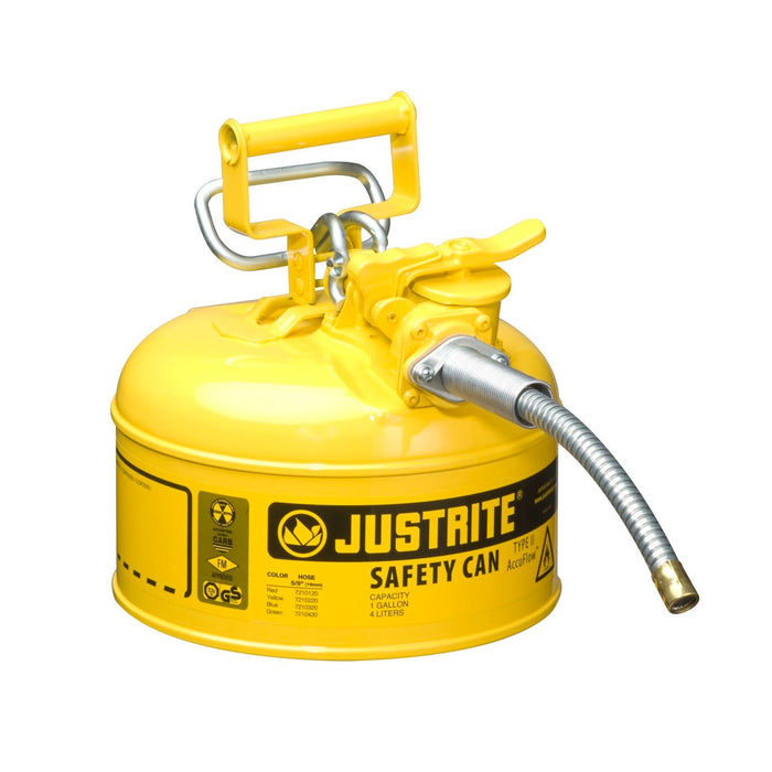 Justrite 7210220 Type II AccuFlow Steel Safety Can for Diesel, 1 Gallon, 5/8" Metal Hose, Yellow - BHP Safety Products