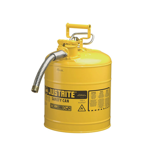 Justrite 7250230 Type II AccuFlow Steel Safety Can for Flammables, Diesel, 5 Gallon, 1-Inch Metal Hose, Yellow - BHP Safety Products
