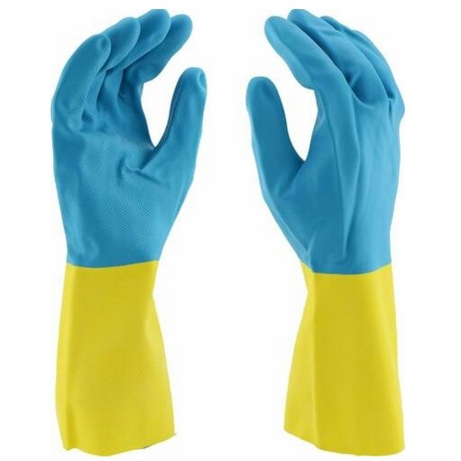 Liberty 2570SP Neoprene/Latex Liquid Proof Unsupported Glove with Flock line, Chemical Resistant, 28 mil Thickness, 13" Length, Blue/Yellow (Pack of 12) - BHP Safety Products