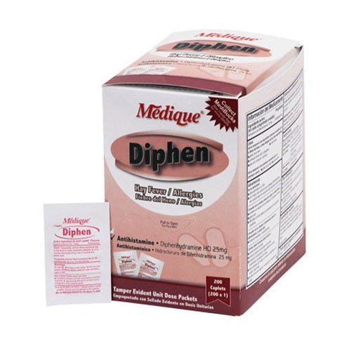 Medique Diphen 25mg Antihistamine for Hay Fever and Allergies, 200 Caplets - BHP Safety Products