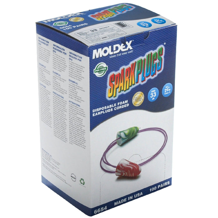 Moldex 6654 SparkPlugs Corded, Disposable Earplugs NRR (Noise Reduction Rating) 33 Decibels - BHP Safety Products
