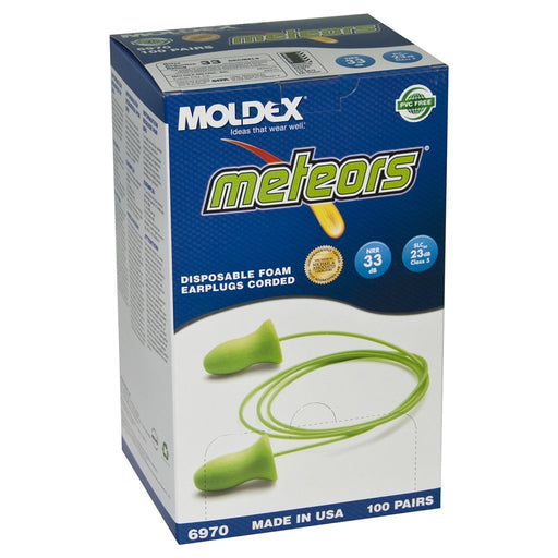 Moldex 6970 Meteors Corded, Disposable Earplugs NRR (Noise Reduction Rating) 33 Decibels, 100 Pairs per Box - BHP Safety Products