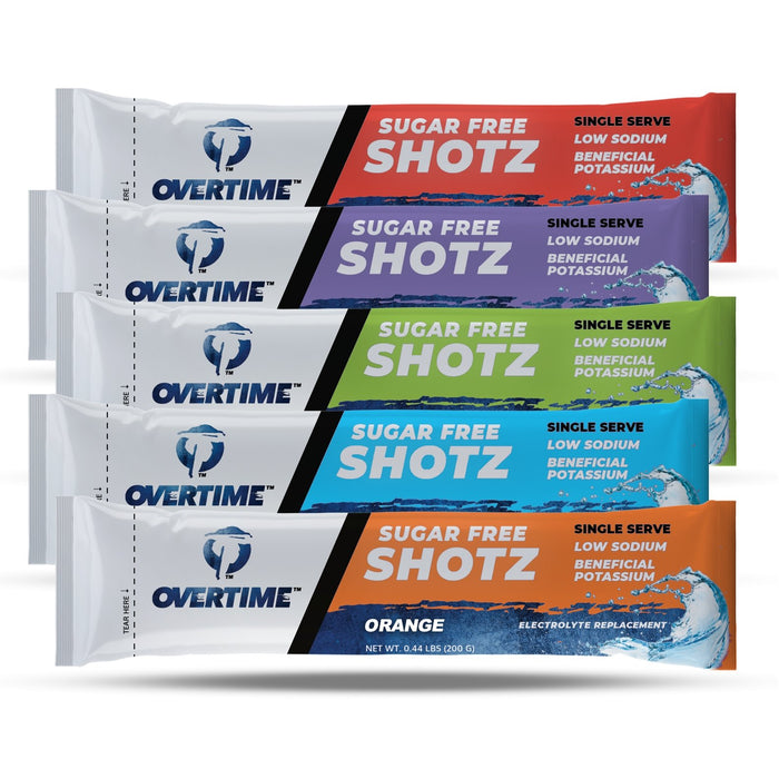 Overtime Electrolyte Drink Mix, Single Serve Shotz, Zero Calories, Sugar Free, 5 Flavor Variety Pack Case of 400 - BHP Safety Products