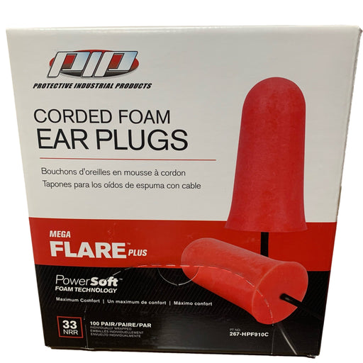 PIP Mega Flare Plus Disposable Soft Polyurethane Foam Ear Plugs, Corded - NRR 33 - 100 Pair/Box - BHP Safety Products