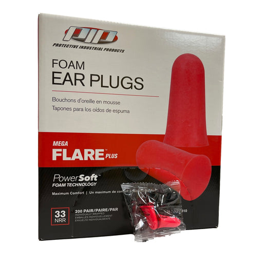 PIP Mega Flare Plus Disposable Soft Polyurethane Foam Ear Plugs, Uncorded - NRR 33 - 200 Pair/Box - BHP Safety Products