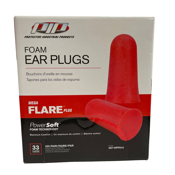 PIP Mega Flare Plus Disposable Soft Polyurethane Foam Ear Plugs, Uncorded - NRR 33 - 200 Pair/Box - BHP Safety Products