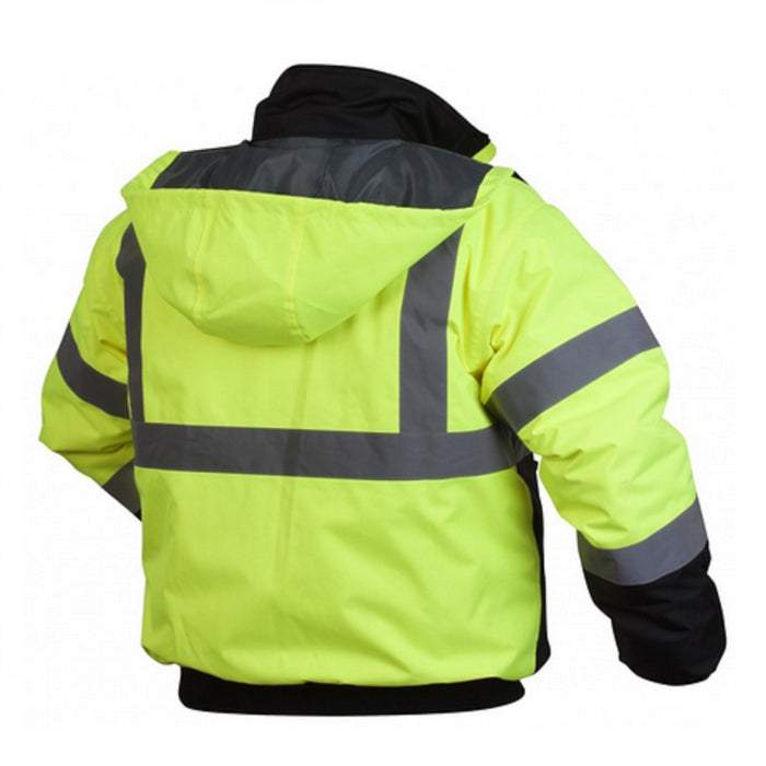 Pyramex RJ32 Series Bomber Jacket, Hi-Vis Lime with 2" Silver Reflective Striping, Insulated, ANSI Type R Class 3 - BHP Safety Products