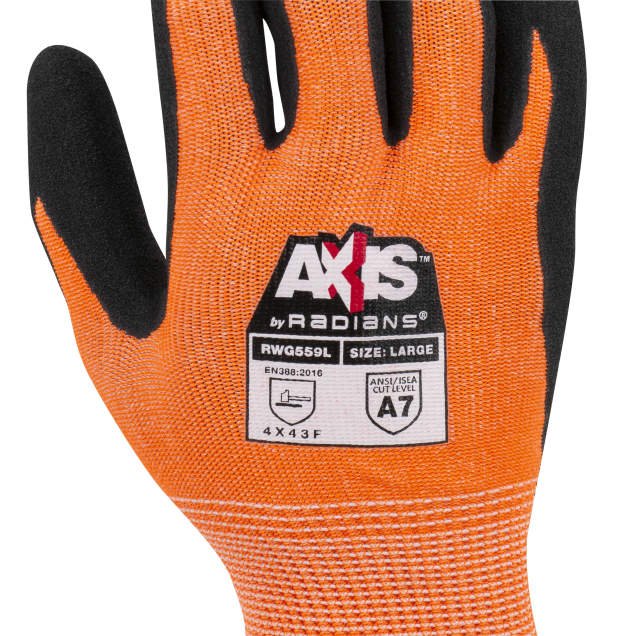 Radians RWG559 AXIS Cut Protection Level A7 Sandy Nitrile Coated Glove - Orange - BHP Safety Products