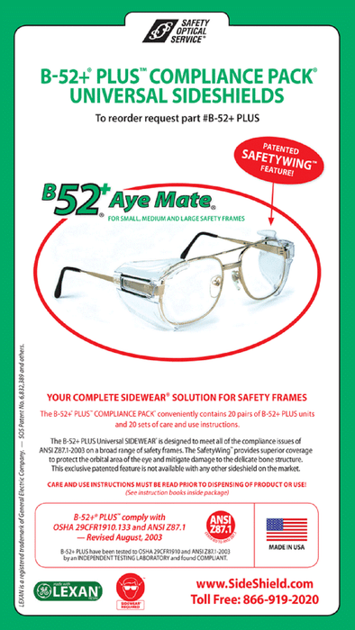 Safety Optical B-52 Side Shields for Medium and Large Prescription Frames - BHP Safety Products