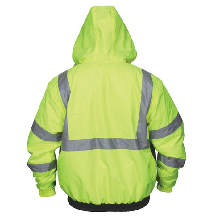 Two Tone Safety Bomber Jacket, Class 3, Quilted Rain Jacket, Fluorescent Lime/Black with Silver Reflective Stripes - BHP Safety Products